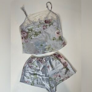 CALIFORNIA DYNASTY Vintage Cami Shorts Pajama Set Floral Satin Sheer Laced M